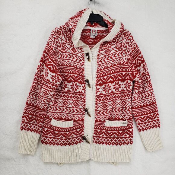Avalanche Sweater Womens Large Red White Hooded Toggle Fair Isle Cardigan Warm - Picture 1 of 11